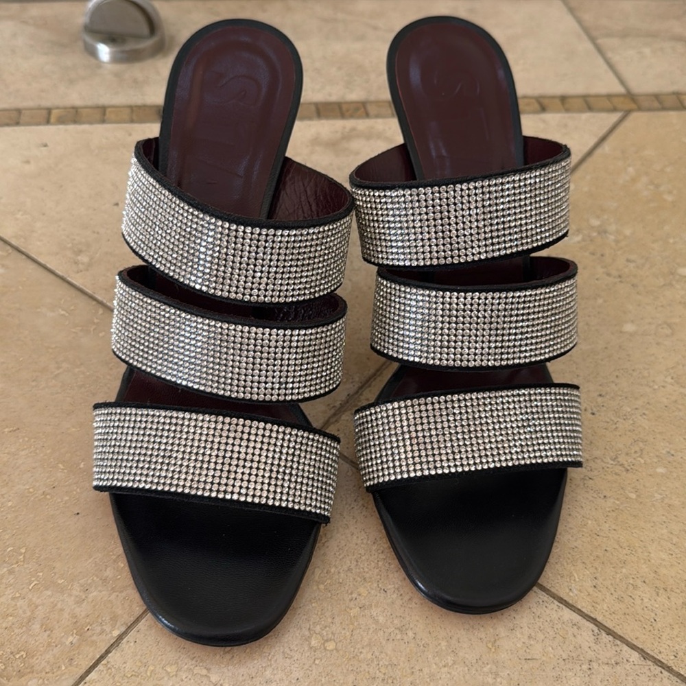 Staud Black leather and Rhinestone Sandal
